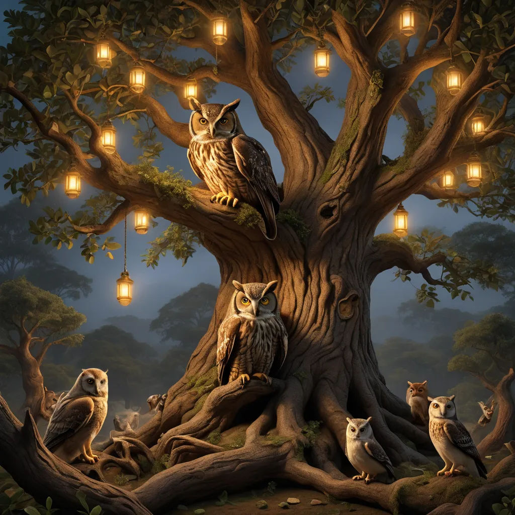 a painting of owls sitting on a tree with lanterns in the background and a full moon in the sky, fantasy art, a storybook illustration, Chris LaBrooy, highly detailed digital painting