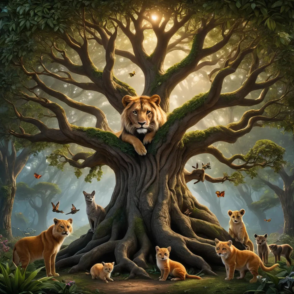 a painting of a tiger sitting on a tree with other animals around it and a forest background with butterflies, naturalism, a storybook illustration, Chris LaBrooy, highly detailed digital painting