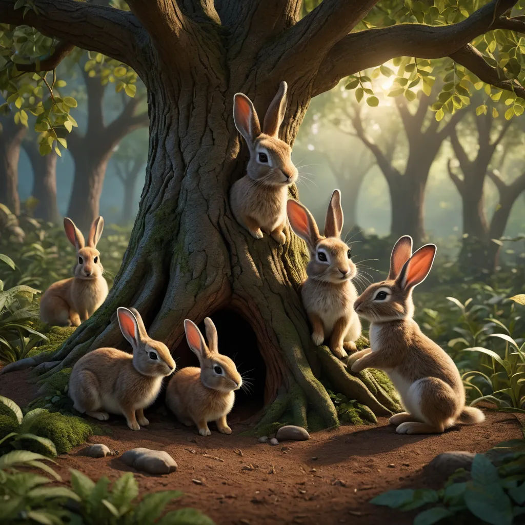 a group of rabbits sitting in a tree with a hole in the ground in the middle of the forest, furry art, a storybook illustration, Chris LaBrooy, rossdraws global illumination