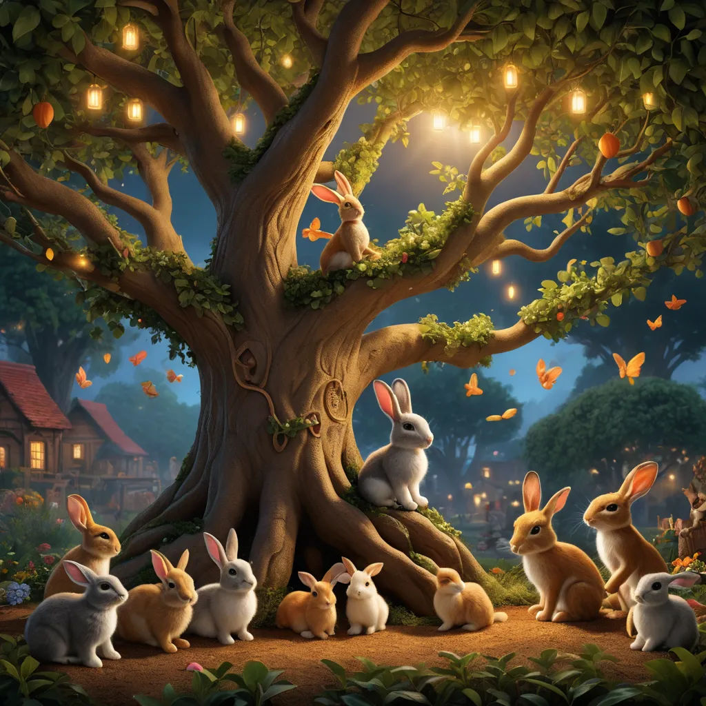 a group of rabbits sitting under a tree in a forest with a house in the background and a lantern lit tree, magic realism, a storybook illustration, Chris LaBrooy, highly detailed digital painting