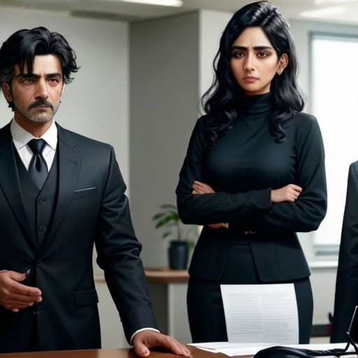 a man and woman in suits standing in front of a desk with papers on it and a man in a suit standing behind them