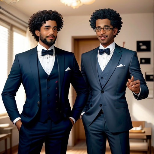 two men in suits standing next to each other in a room with a light fixture on the ceiling and a table with chairs