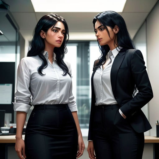 two women in business attire standing next to each other in an office setting with a desk and a mirror