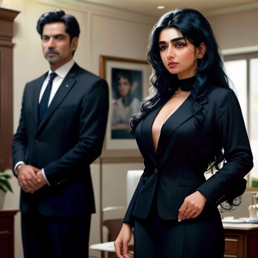 a man and a woman in suits standing in a room with a table and chairs in the background and a man in a suit standing behind them