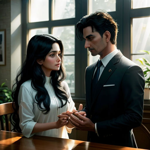 a man and a woman standing in front of a table with a cup of coffee in their hands and a pot of flowers in their hands