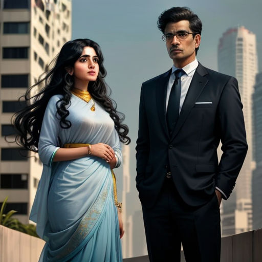 a man and a woman standing next to each other in front of a city skyline with tall buildings in the background