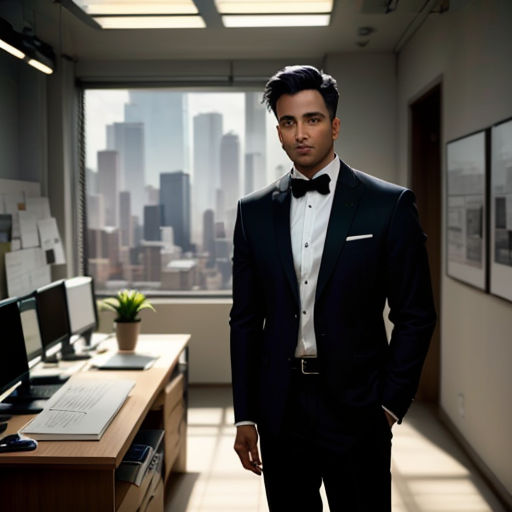 a man in a suit standing in an office with a view of the city behind him and a desk with a computer on it