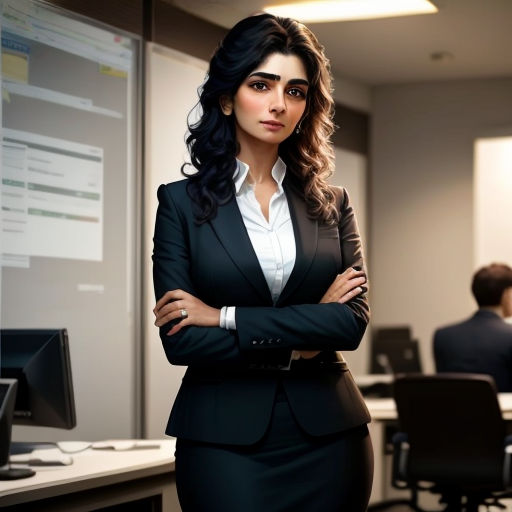 a woman in a suit standing in front of a board room with people in the background and a man in a suit standing behind her