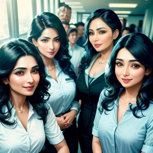 a group of women standing next to each other in a room with a window and a man in the background