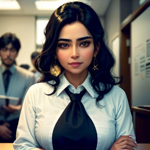 a woman in a tie standing in an office with a man in the background looking at the camera and a man in the background