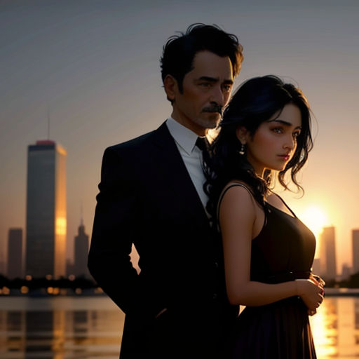 a man and a woman standing next to each other in front of a city skyline at sunset with the sun setting