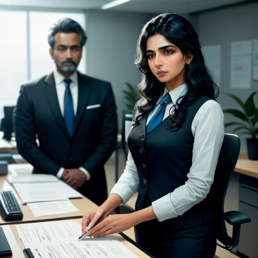 a woman in a business suit standing in front of a desk with a calculator and a man in a suit