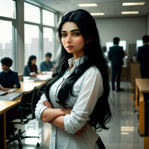 a woman standing in a room with a lot of people in the background and a desk with a laptop on it