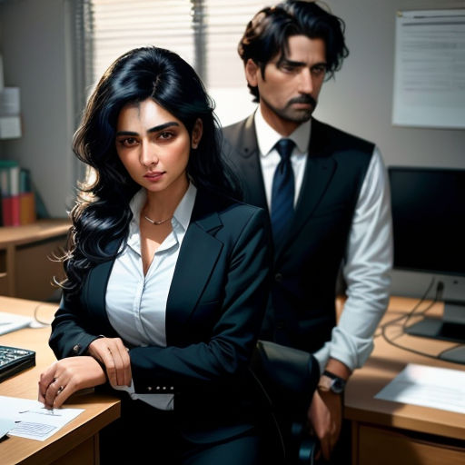 a man and a woman standing in an office setting with a computer on a desk and a keyboard on a desk