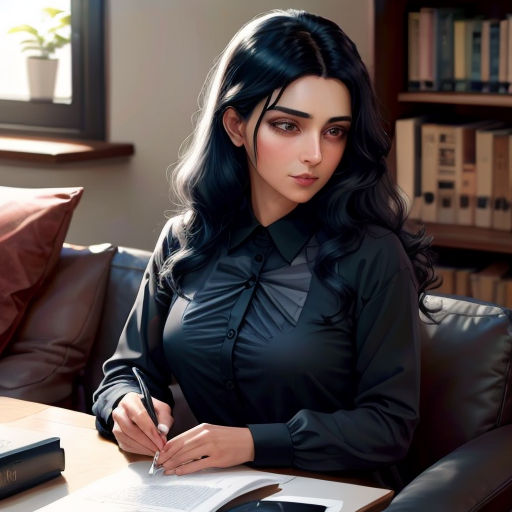 a woman sitting at a table with a book and pen in her hand and a book on the table