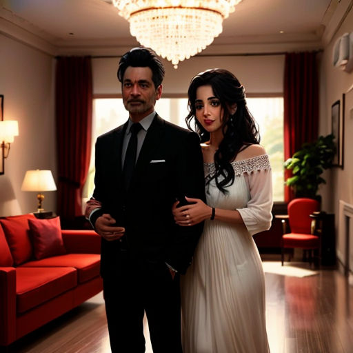 a man and a woman standing in a living room together in front of a red couch and a chandelier