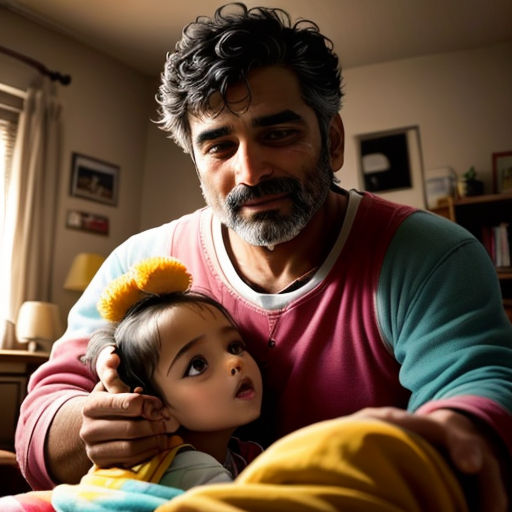 a man holding a small child in his arms while sitting on a bed in a room with a window