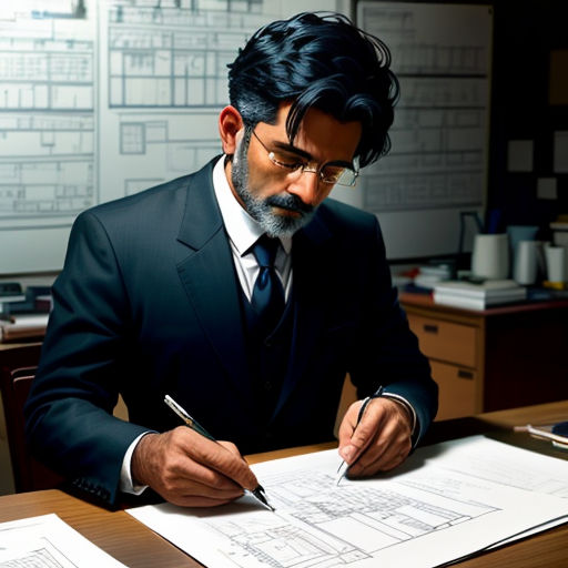 a man in a suit is sitting at a desk with papers and a pen in his hand and a pen in his other hand