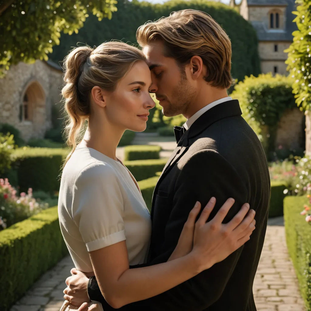 a man and a woman embracing in front of a garden with hedges and flowers in the background, in a formal dress, arts and crafts movement, a poster, Constance-Anne Parker, promotional image