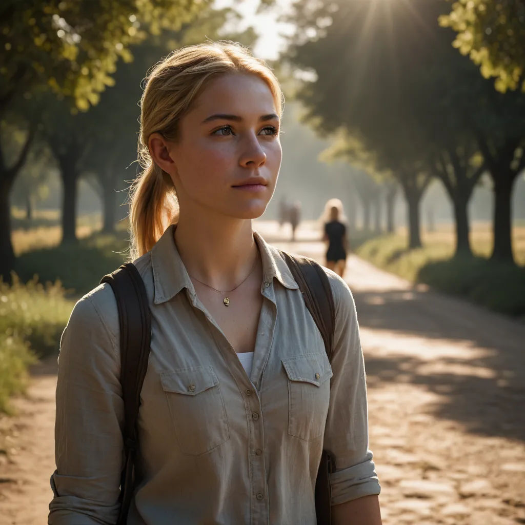 a woman standing on a dirt road with trees in the background and a person walking down the road behind her, german romanticism, a character portrait, Caro Niederer, anamorphic lens flare