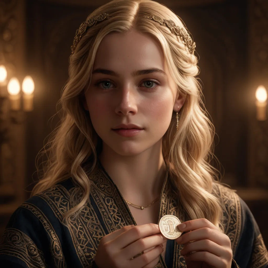 a woman in a dress holding a coin in her hands and a crown on her head, in a dark room, photorealism, a photorealistic painting, Elisabeth Collins, cgstudio