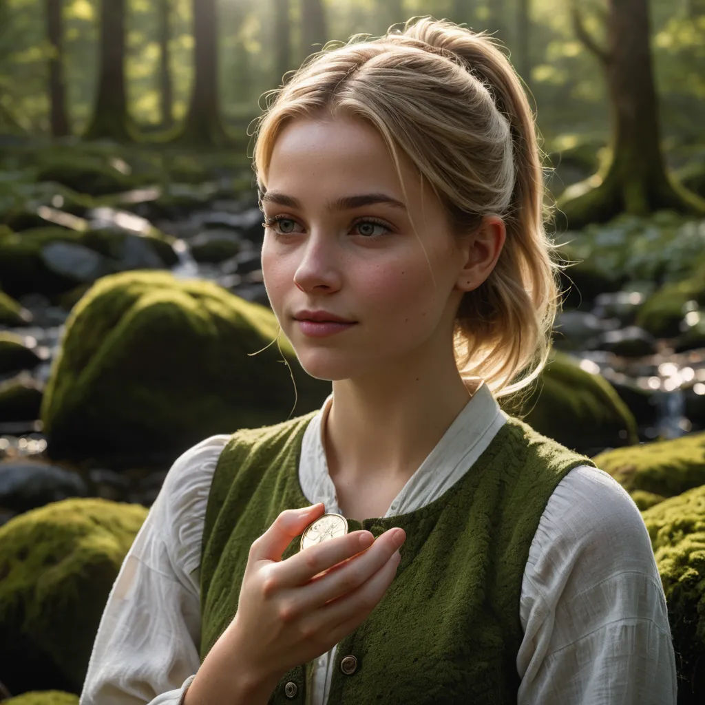 a woman in a green vest holding a piece of food in her hands in a forest setting with moss, naturalism, a character portrait, Anna Füssli, movie still