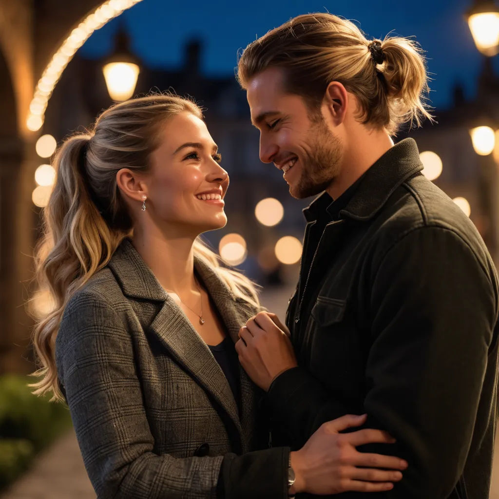 a man and a woman are smiling at each other while standing in front of a building with lights on, kitsch movement, a stock photo, Cedric Seaut (Keos Masons), promotional image