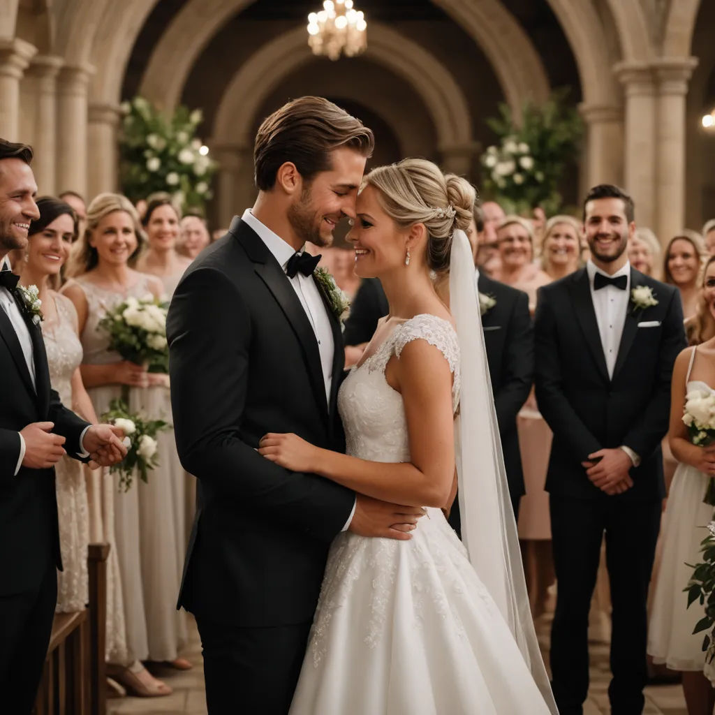 a bride and groom standing in front of a group of people at a wedding ceremony in a church with a bouquet of flowers, german romanticism, a stock photo, Claire Dalby, f1.4