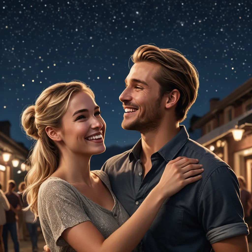 a man and woman are smiling at each other in front of a night sky with stars and a street light, german romanticism, a photorealistic painting, Adam Paquette, promotional image