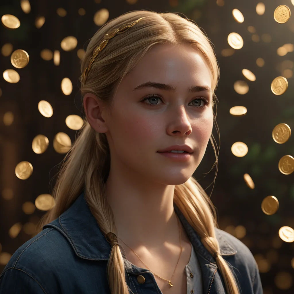 a woman with a braid standing in front of a wall of gold coins with a chain around her neck, photorealism, a 3D render, Clint Cearley, unreal engine 5 highly rendered