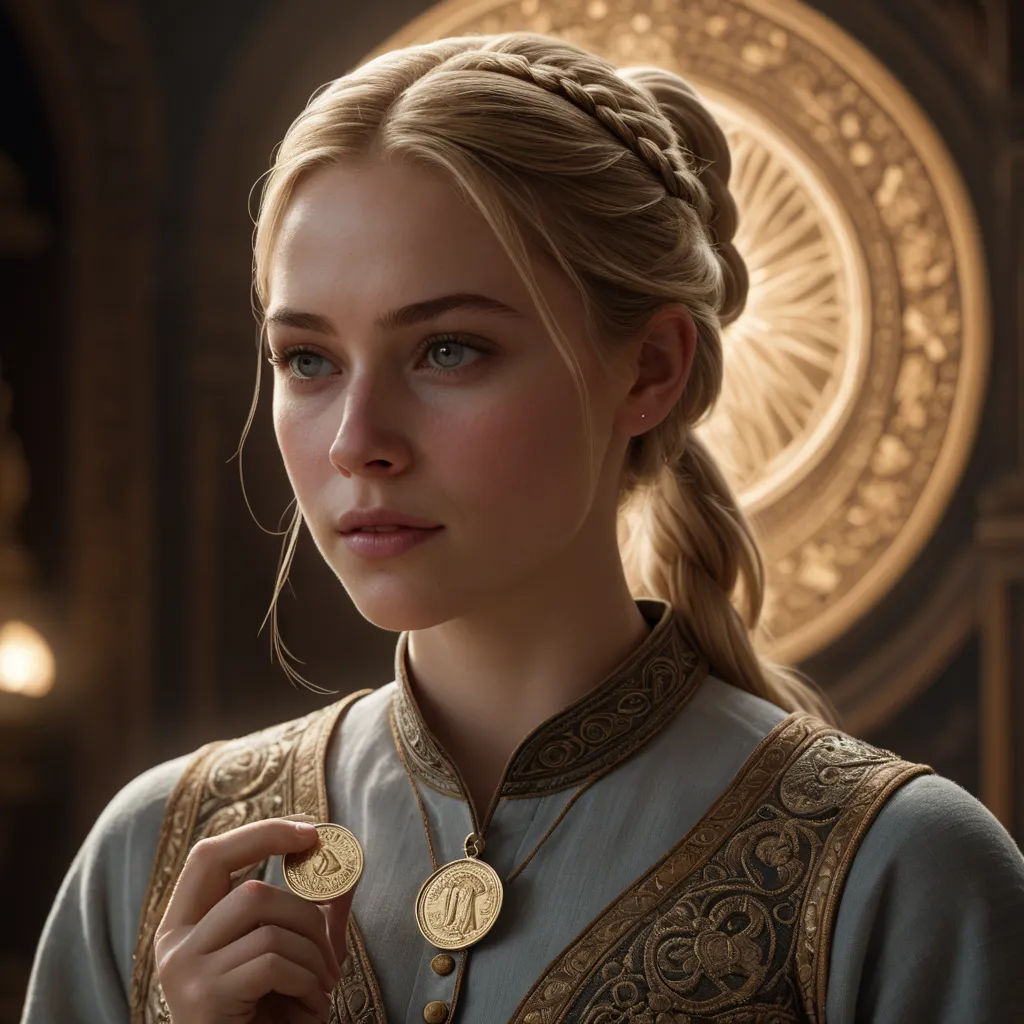 a woman in a dress and a necklace with a medallion on it, standing in front of a wall, photorealism, a photorealistic painting, Clint Cearley, cgstudio