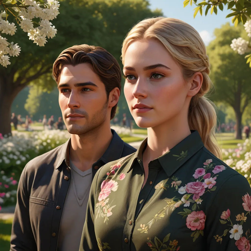 a man and a woman standing in a park with flowers on the trees and bushes in the background, looking at the camera, photorealism, a hyperrealistic painting, Chris LaBrooy, ultra realistic faces