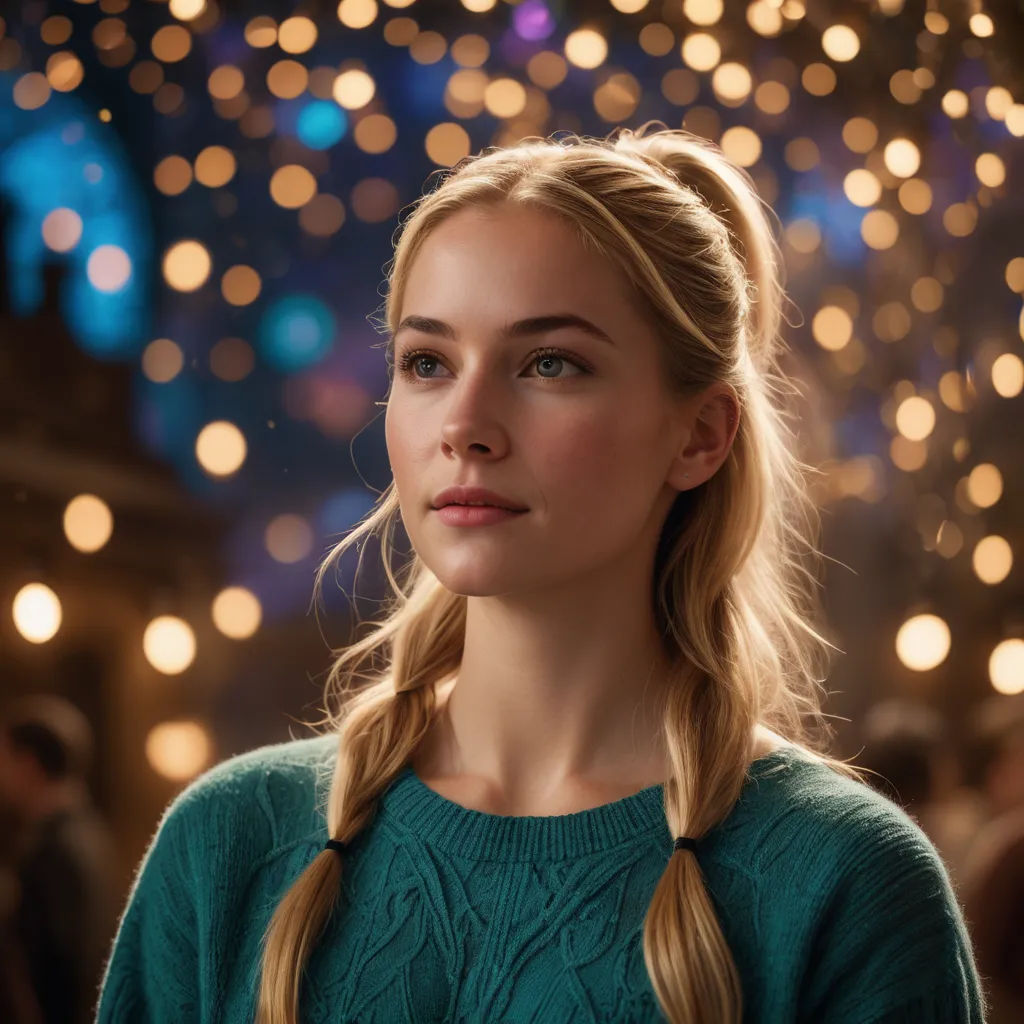 a woman with long blonde hair standing in front of a crowd of lights in a dark room with a blue sweater, magical realism, a character portrait, Constance Gordon-Cumming, beautiful cinematic light