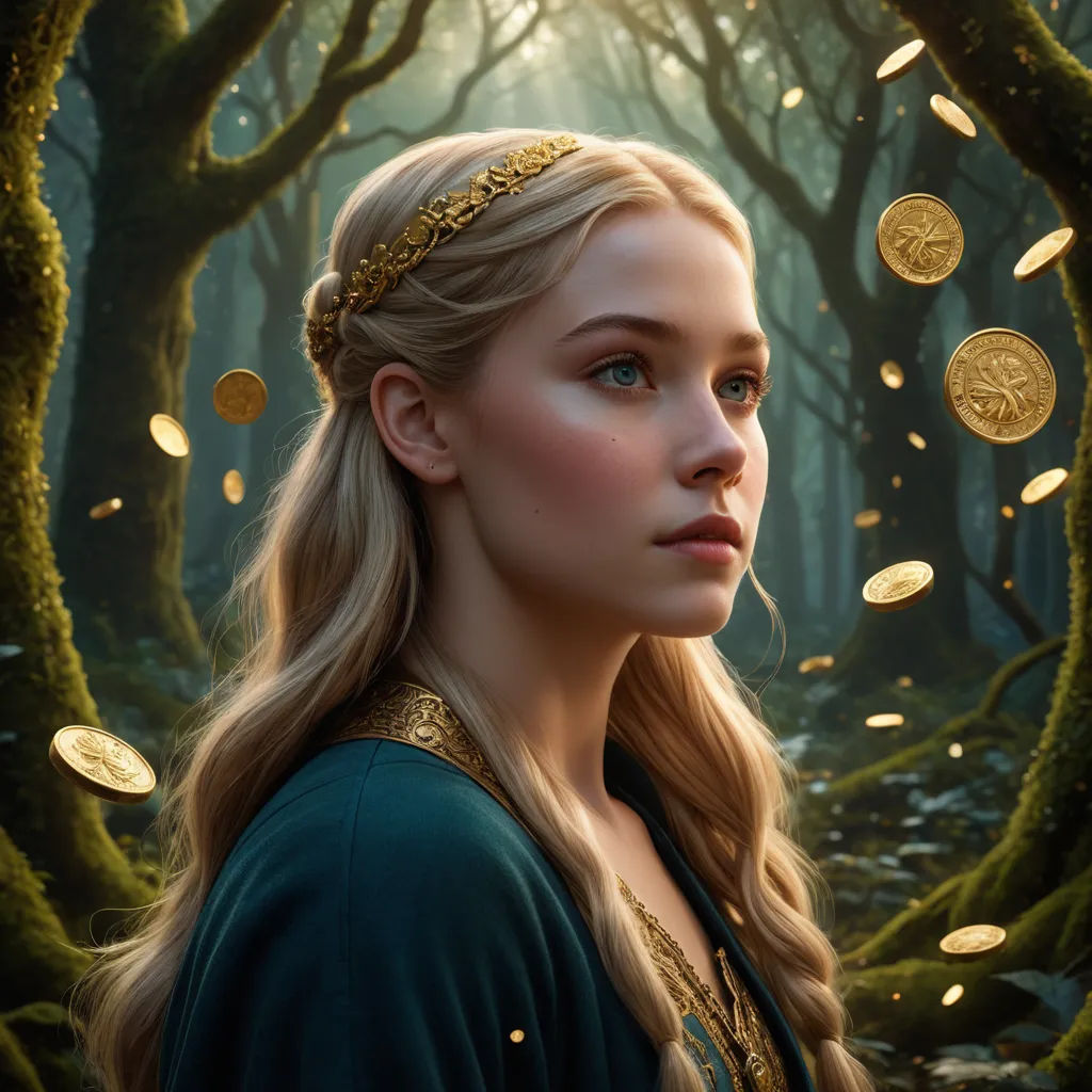a woman in a green dress standing in a forest with gold coins flying around her head and a forest scene behind her, fantasy art, a detailed matte painting, Drew Struzan, vfx