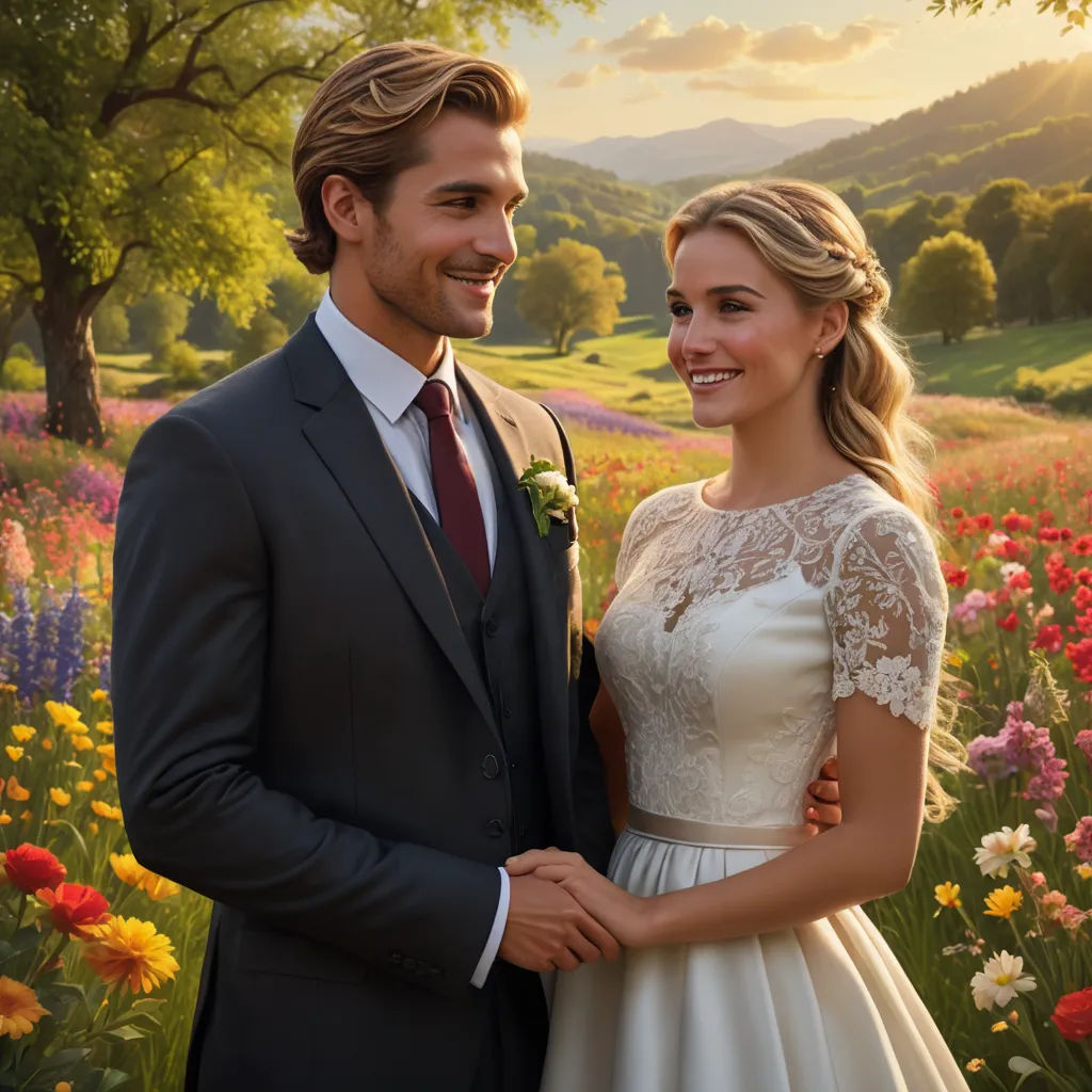 a man and a woman standing in a field of flowers smiling at each other with a sunset behind them, german romanticism, a poster, Christian Hilfgott Brand, promotional image