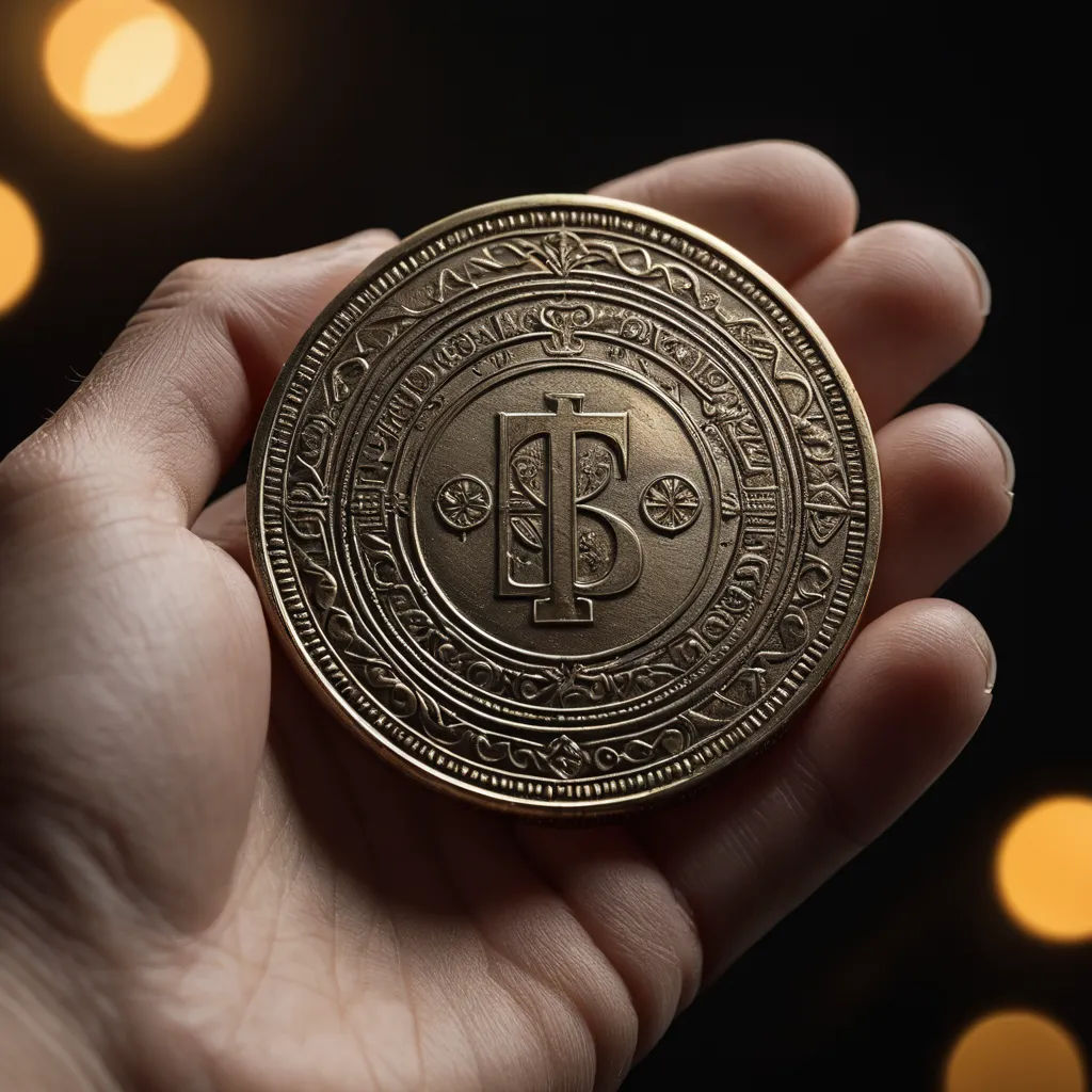 a person holding a gold coin in their hand with lights in the background at night time, with a bitcoin on the front, private press, a 3D render, A. B. Jackson, behance hd