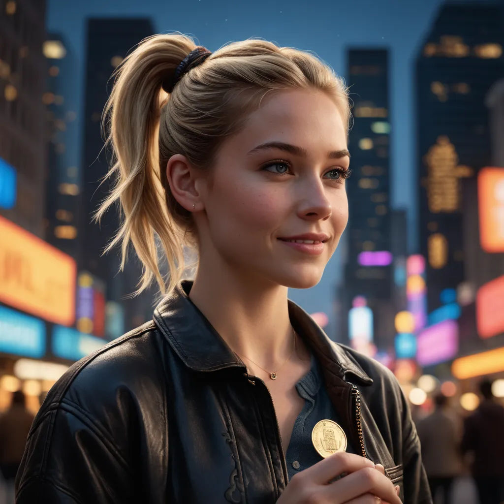 a woman in a black jacket holding a gold coin in a city at night time with neon lights in the background, photorealism, a photorealistic painting, Artgerm, photorealistic lighting
