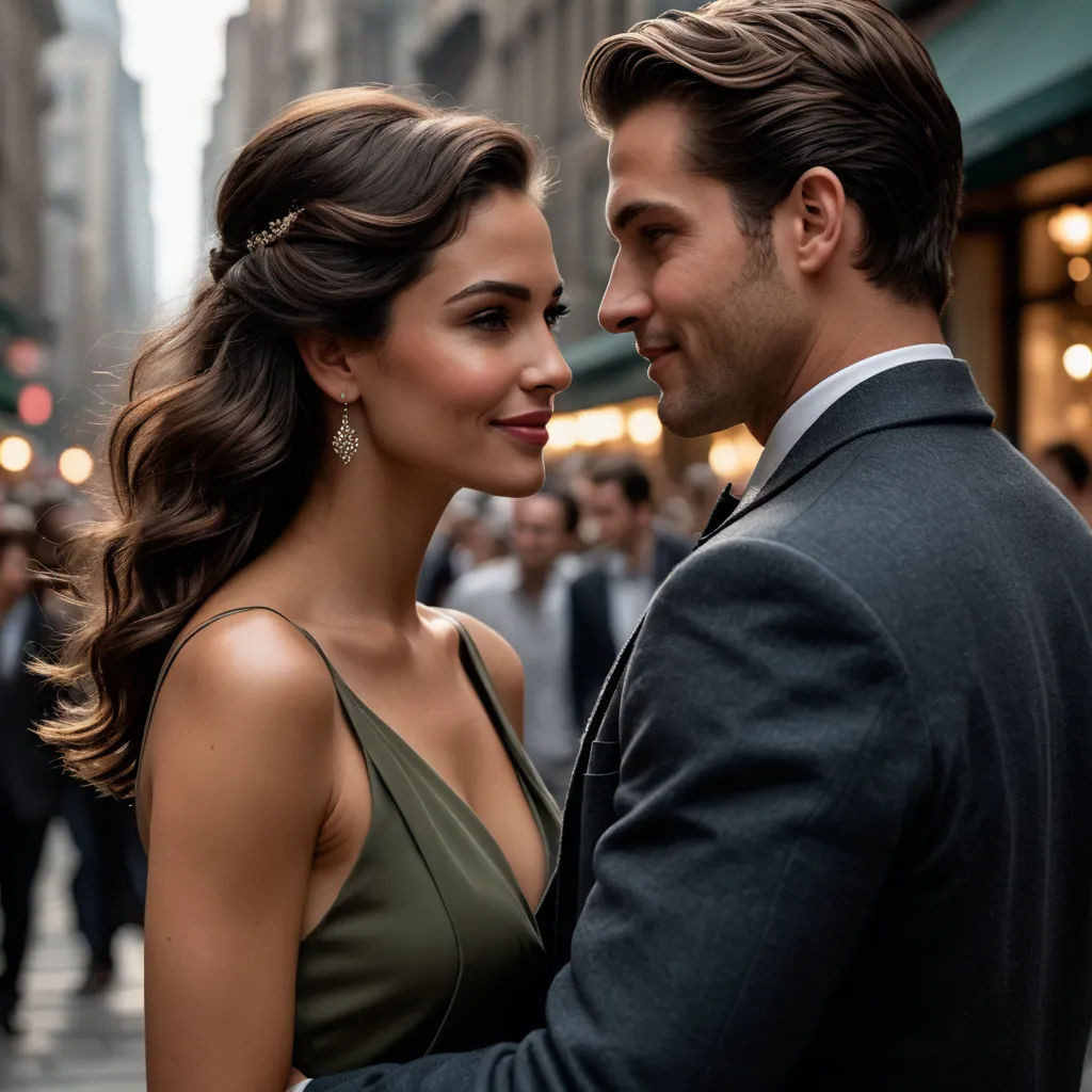 a man and a woman standing next to each other in a city street with people walking by and a building, romanticism, a poster, Dave Melvin, promotional image