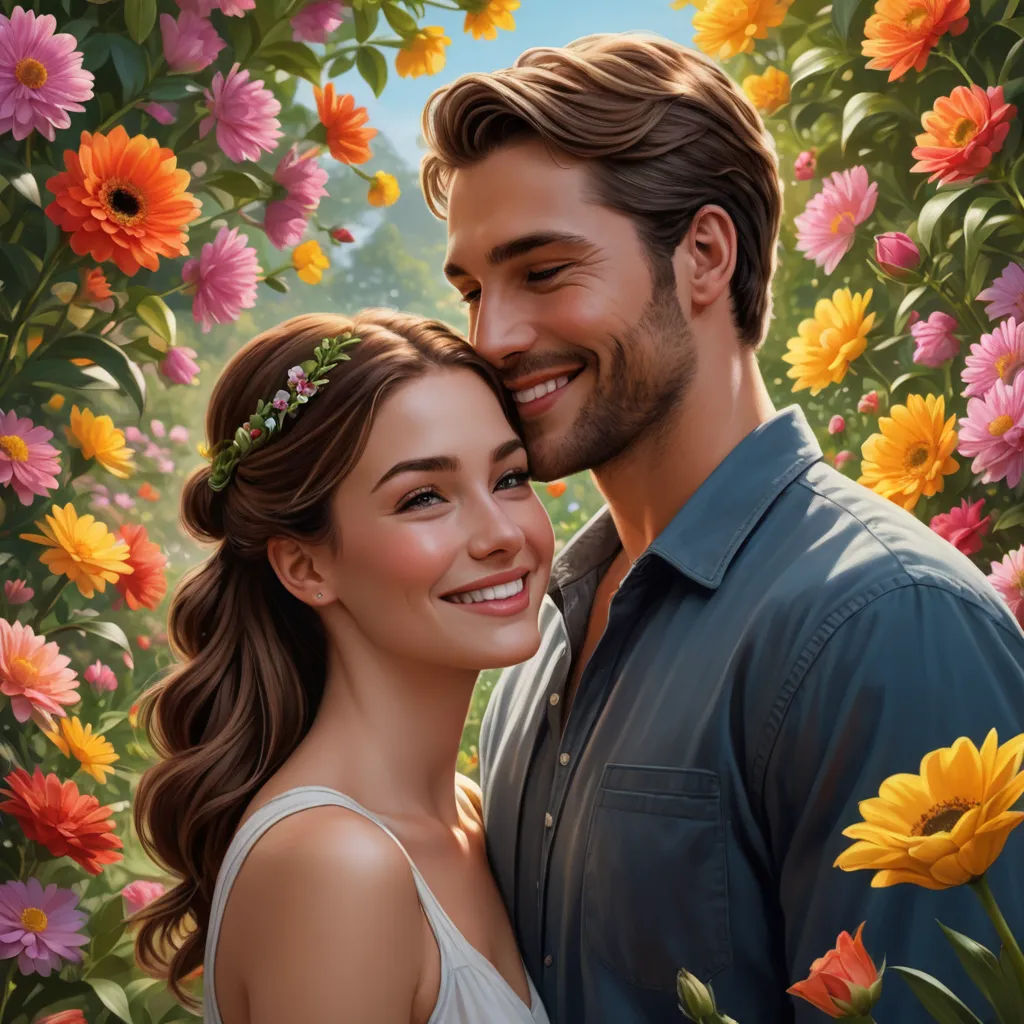a painting of a man and woman in front of flowers with a sky background and a sunflower in the foreground, photorealism, a photorealistic painting, Chris LaBrooy, highly detailed digital painting