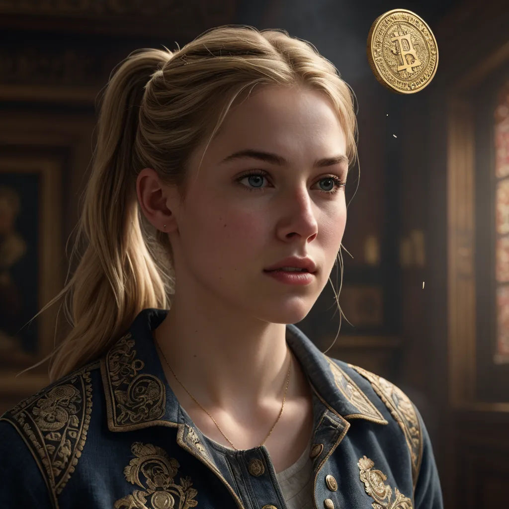 a woman with a ponytail and a coin above her head in a room with a window and a stained glass, photorealism, a photorealistic painting, Eddie Mendoza, trending on artstation hq