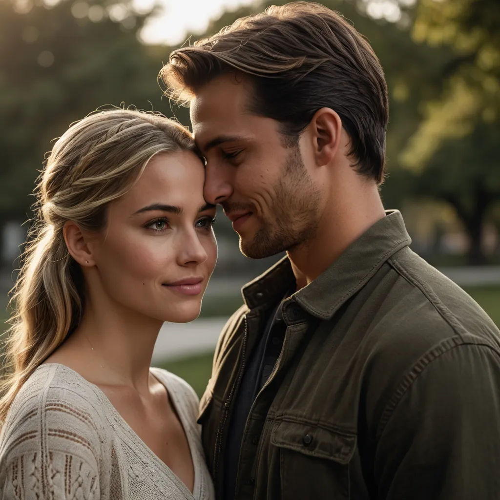 a man and a woman are standing close together in a park, one of them is holding the other's head, american romanticism, a stock photo, Chris Spollen, promotional image