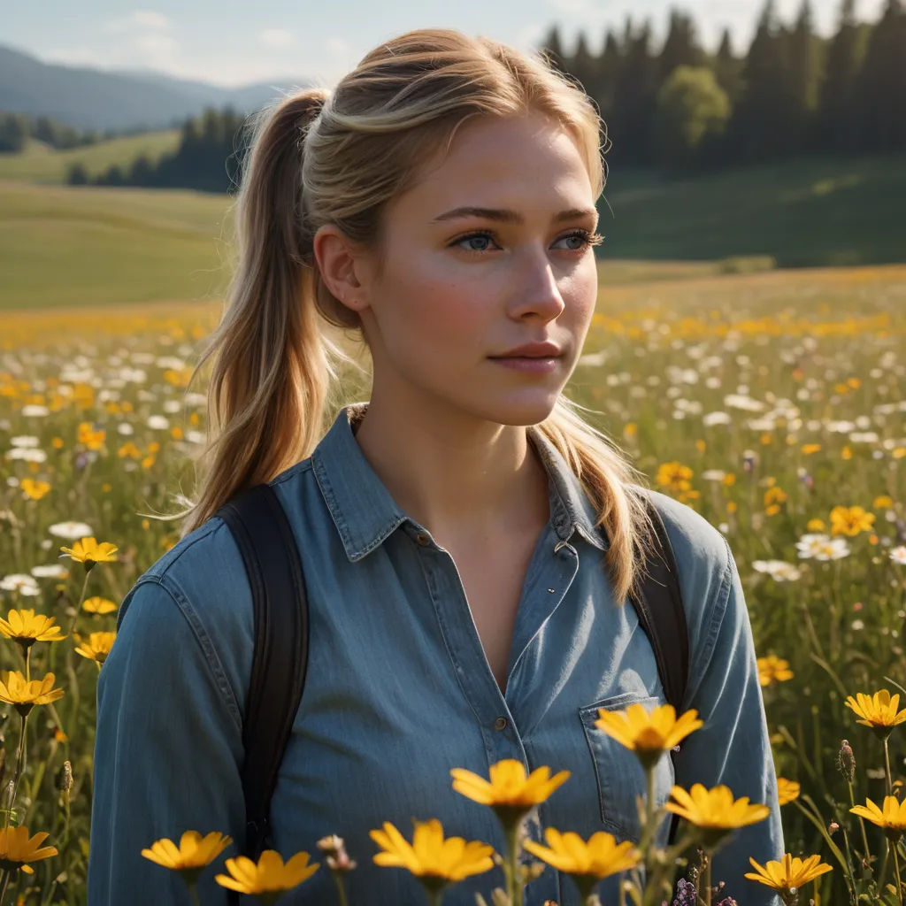 a woman standing in a field of yellow flowers with a ponytail in her hair and a blue shirt on, german romanticism, a character portrait, Alison Geissler, promotional image