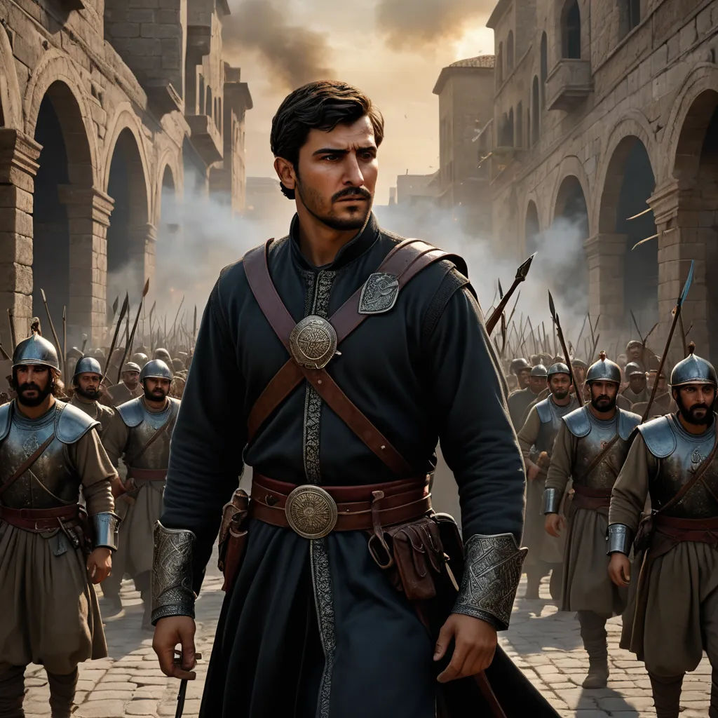 a man in a roman soldier outfit standing in front of a group of men in armor and holding swords, hurufiyya, a detailed matte painting, Altoon Sultan, promotional image
