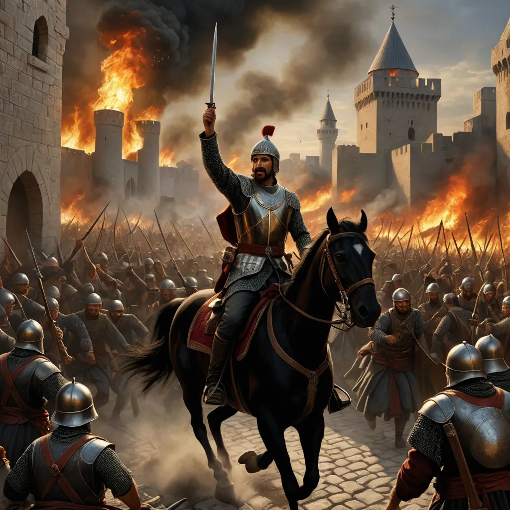 a painting of a man on a horse in front of a crowd of people with a sword in his hand, antipodeans, a detailed matte painting, Aladár Körösfői-Kriesch, cinematic concept art