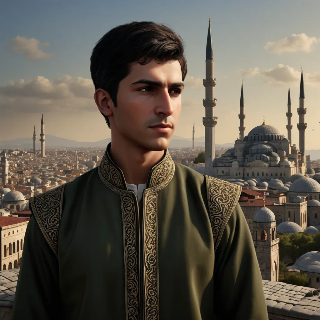 a man in a green outfit standing in front of a cityscape with a large building in the background, photorealism, computer graphics, Ahmed Karahisari, unreal engine 5 highly rendered
