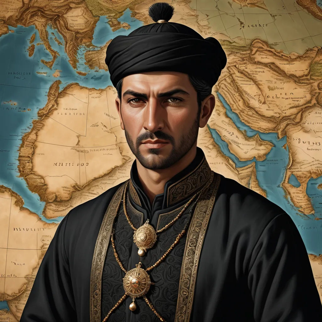 a man in a turban standing in front of a map of the world with a map of the world behind him, qajar art, a character portrait, Altoon Sultan, detailed portrait