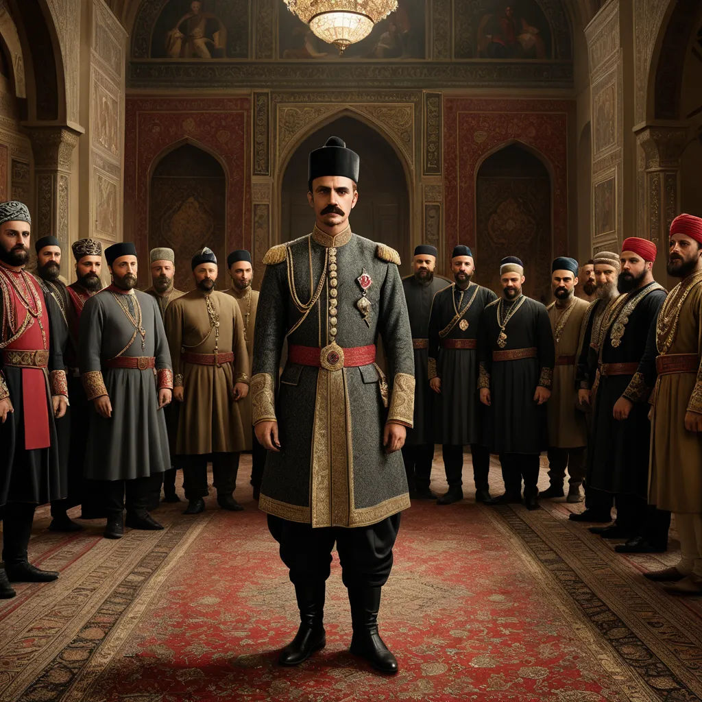 a man in a uniform standing in front of a group of men in uniform in a room with a chandelier, qajar art, a poster, Altoon Sultan, vfx
