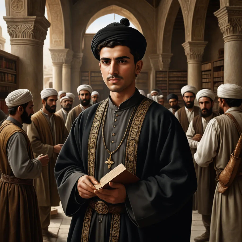 a painting of a man in a black outfit standing in a courtyard with other men in brown robes and white turbans, qajar art, a character portrait, Ahmed Karahisari, official art