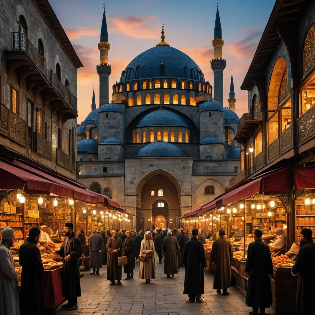 a group of people walking around a market area with a blue dome in the background at dusk with lights on, hurufiyya, a comic book panel, Evgeny Lushpin, award-winning photograph