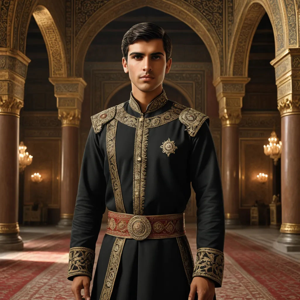 a man in a black and gold outfit standing in a room with columns and a carpeted floor with columns, qajar art, a character portrait, Altoon Sultan, regal